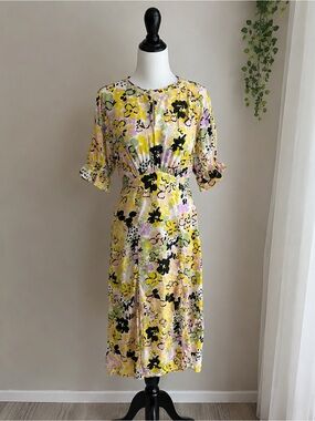 Yellow Floral Midi Dress with Puff Sleeves